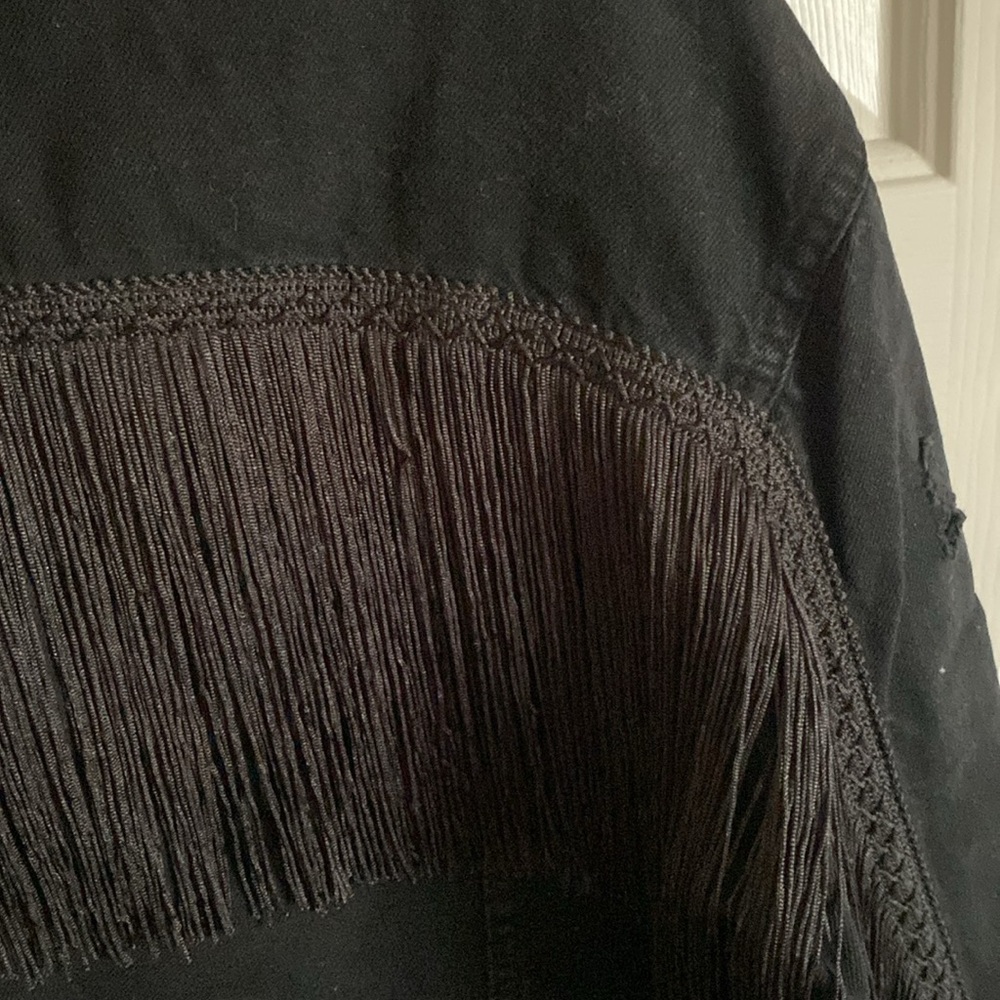 Zara Woman distressed black denim jacket with fringe back down arms - Picture 6 of 12